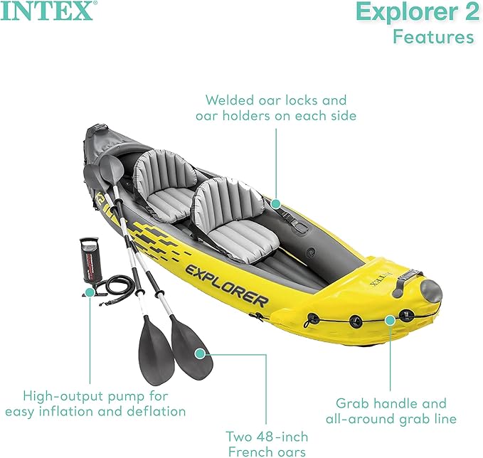Intex 68307EP Explorer K2 Inflatable Kayak Set: Includes Deluxe 86in Aluminum Oars and High-Output Pump – SuperStrong PVC – Adjustable Seats with Backrest – 2-Person – 400lb Weight Capacity-StrideForce Fitness