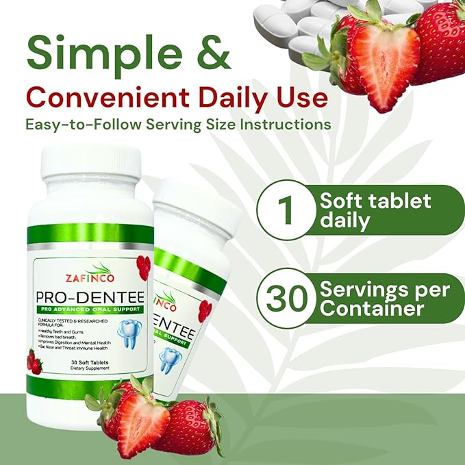 ZAFINCO-PRODENTEE Teeth & Gums Health. Advanced 3.5 Billion CFU Oral/Dental Probiotics for Reduce Mouth Bad Breath,Ear,Nose and Throat Health-Mint Flavored Soft Chewable Tablet, 30 Count-Made in USA