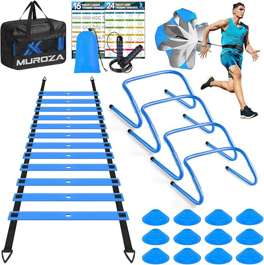 Agility Ladder, Speed Training Equipment Set, 20ft Agility Ladder, 12 Soccer Cones, 4 Hurdles, Jump Rope, Running Parachute, Basketball Football Soccer Training Equipment for Kids, Youth, Adults-StrideForce Fitness