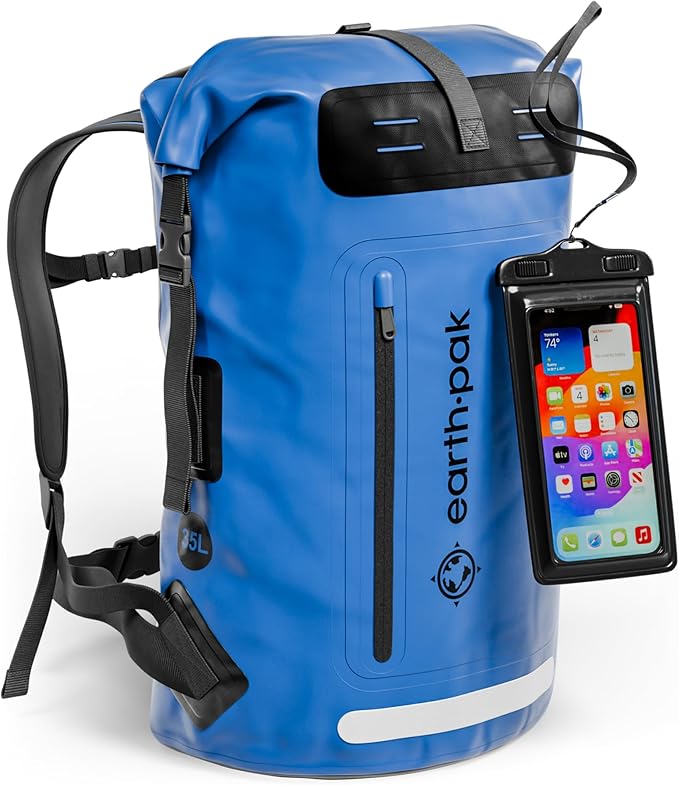 Earth Pak Waterproof Backpack - Heavy Duty Hiking Backpack - Roll-Top Closure Bag - Cushioned Dry Bag Waterproof Phone Case-StrideForce Fitness