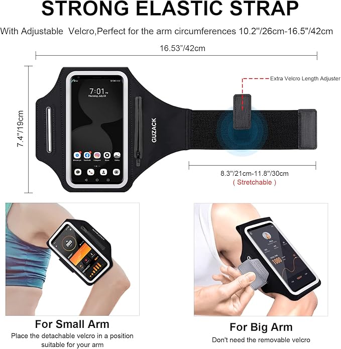 GUZACK Phone Holder for Running with Zipper Pouch, Running Armband for iPhone 16 Pro/15/14/13/12/11 Pro Max/Plus/XR/XS, Galaxy S25/S24/S23/S22, Cell Phone Arm Holder with Key Pocket & Card Slot-StrideForce Fitness