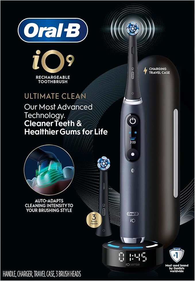 Oral-B iO Series 9 Limited Rechargeable Black Electric Toothbrush with (2) Ultimate Clean and (1) Gentle Care Replacement Brush Heads, Black, Travel Case and Charger