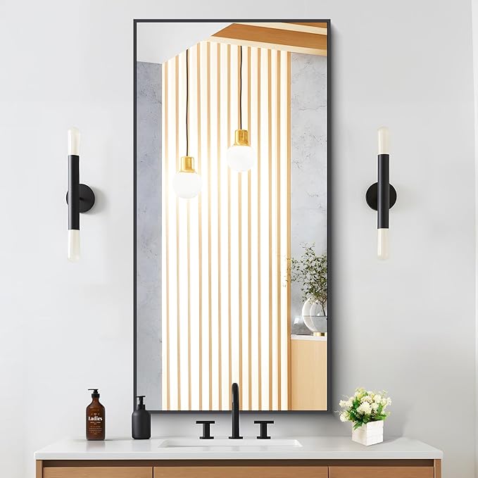 Black Bathroom Mirror for Wall, 24x48 Inch Rectangle Mirrors with Metal Frame, Modern Vanity Wall Mirror Decor for Entryway Hangs, Bathroom Living Room Horizontal or Vertical-StrideForce Fitness