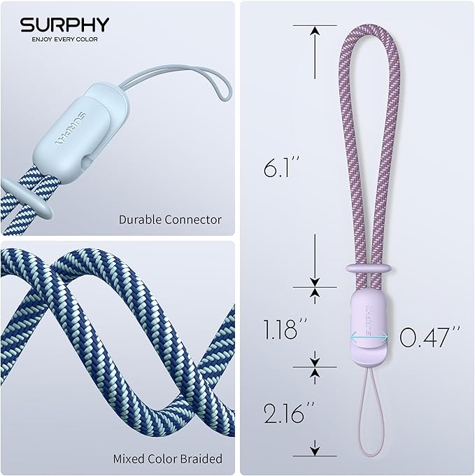 SURPHY 2 Pack Phone Lanyard for Cellphone Case, Phone Wrist Strap for Case, Cellphone Strap with 2-Color Braided, Charm Wrist Lanyard for Women, Cellphone Wrist Lanyard for Women, Lilac & Cloud Blue