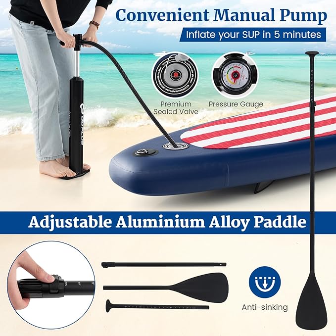 GYMAX Stand Up Paddle Board, Inflatable SUP with Wide Non-Slip EVA Deck, Accessories-Leash, D Rings, Hand Pump, Adjustable Paddle & Backpack, Paddle Boards for Adults Youth-StrideForce Fitness