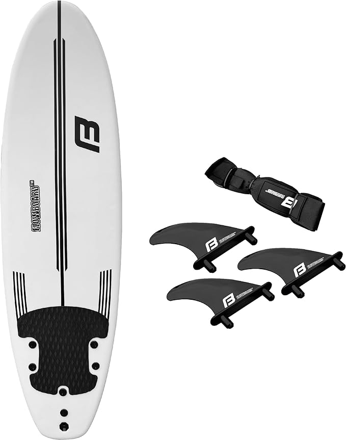 FLOWBOARD Surfboard Softboard Foam - Include (3) Fins 6’ Foot Leash and (2) Wood Stringers Inside Board Availalable in 6' and 7' Short Board and 8' Longboard-StrideForce Fitness