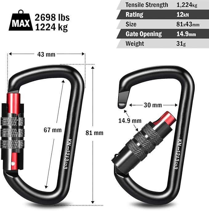 FresKaro 3inch 12kN-2698lbs Auto Locking Carabiner Clips, Solid D Shape, Heavy Duty 7075 Aluminum, Lightweight 1.09oz, Rust Proof, for Hammock, Hiking, Dog Leash, Keychain etc., Multi-Colors-StrideForce Fitness