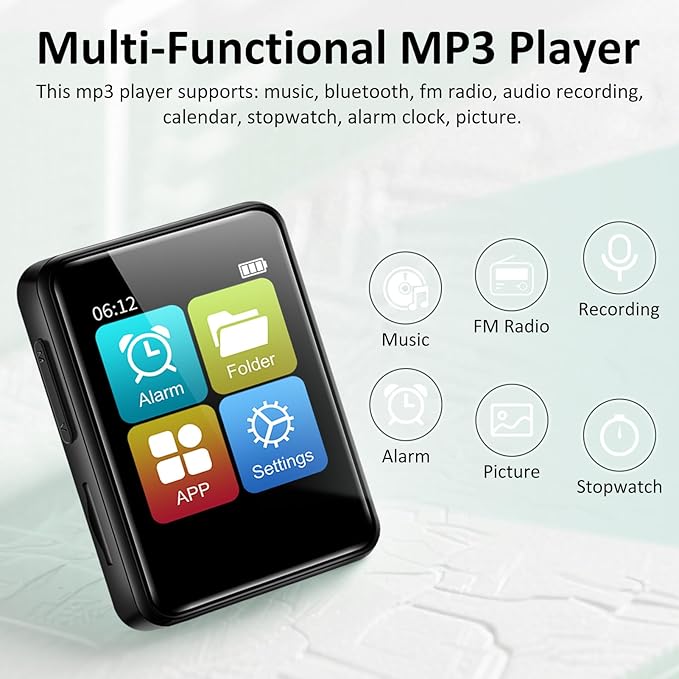 1.8 inch MP3 Player with Bluetooth, 32GB Digital Music Player for Kids, Portable Mini Bluetooth MP3 Player with Speaker Lossless Sound with FM Radio, Voice Recorder, Supports up to 512GB, Black-StrideForce Fitness