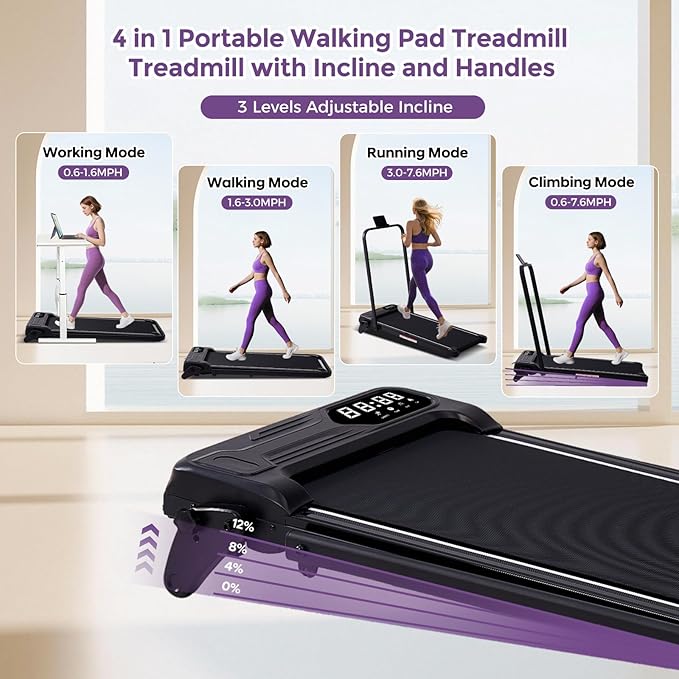 Portable Foldable Walking Pad with Handle Bar and Adjustable Incline, Under Desk Walking Pads Treadmill with Incline and Handles, 3.5HP Folding Electric Treadmills for Home Small, 0.6-7.6MPH, 350LBS-StrideForce Fitness
