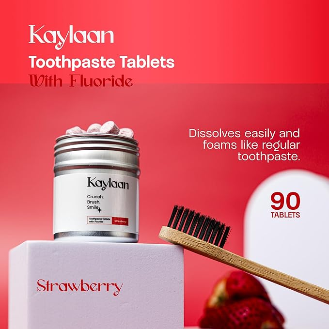 Kalyaan Kids Toothpaste Tablets with Fluoride | Whitening, Sensitivity Relief & Cavity Protection | Chewable, Plastic-Free, Travel-Friendly - Strawberry, 90 Count, Made in USA