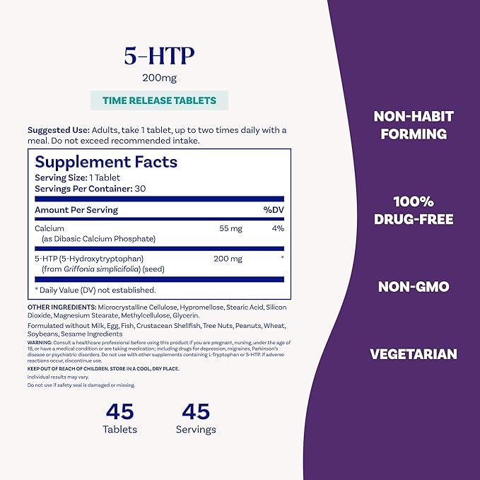 Natrol 5-HTP 200 mg, Time Release, Support a Balanced Mood, Dietary Supplement Provides Serotonin Production Throughout the Day, 30 Tablets, Up to a 30 Day Supply-StrideForce Fitness