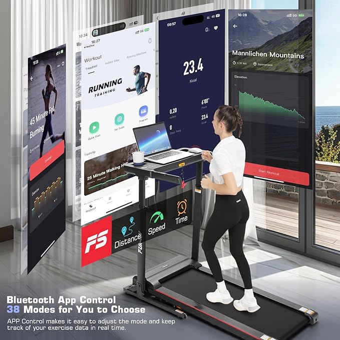 Treadmill with Desk Workstation & Adjustable Height, 300 LBS Weight Capacity, Folding Treadmill with 3 Level Incline, Bluetooth Speaker & App, Portable 2.5HP Walking Pad with Desktop for Home Office-StrideForce Fitness