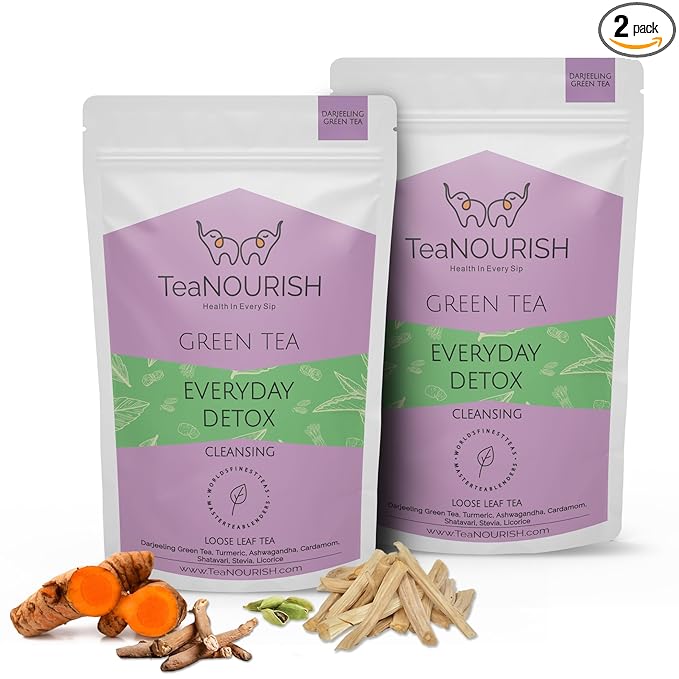 TeaNOURISH Everyday Detox Green Tea | Darjeeling Loose Leaf | 100% Natural Turmeric, Ashwagandha, Cardamom, Shatavari, Stevia | 50 Cups Hot Tea or Iced Tea - 3.53oz/100g (Pack of 2)