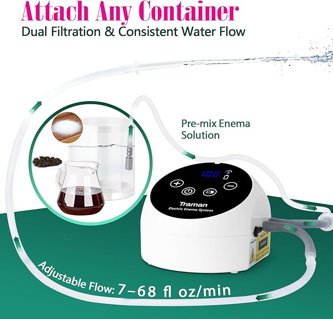 TRAMAN-Enema-Kit, Detox-Enemas for Colon-Cleanse for Women Men, Coffee Enema Coffee-Organic Cleanse Kit, Electric Water Flow Speed Control with LCD Display, Pressure Spray, External Water Supply-StrideForce Fitness