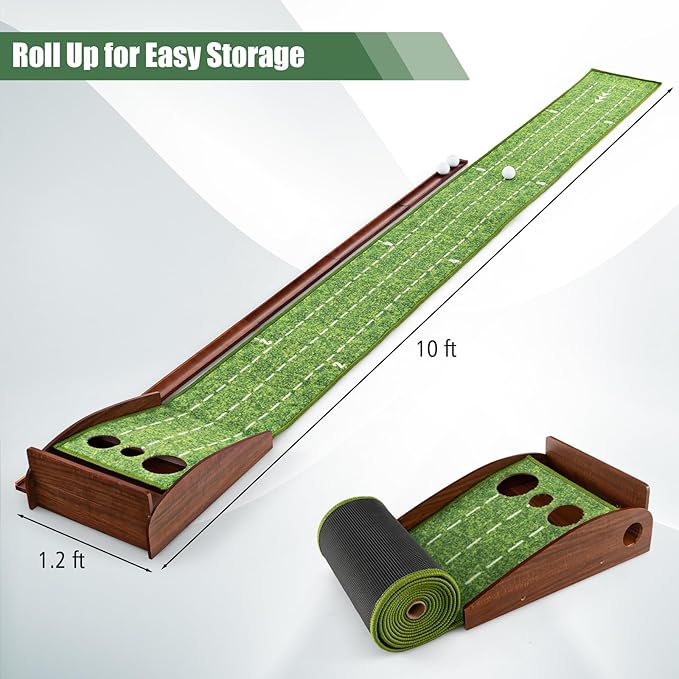 Tangkula 10 FT Golf Putting Green, 2/3-Hole Golf Putting Practice Mat with Auto Ball Return for Indoors & Outdoors, Alignment Guides & 3 Golf Balls, Mini Golf Game for Home and Office-StrideForce Fitness