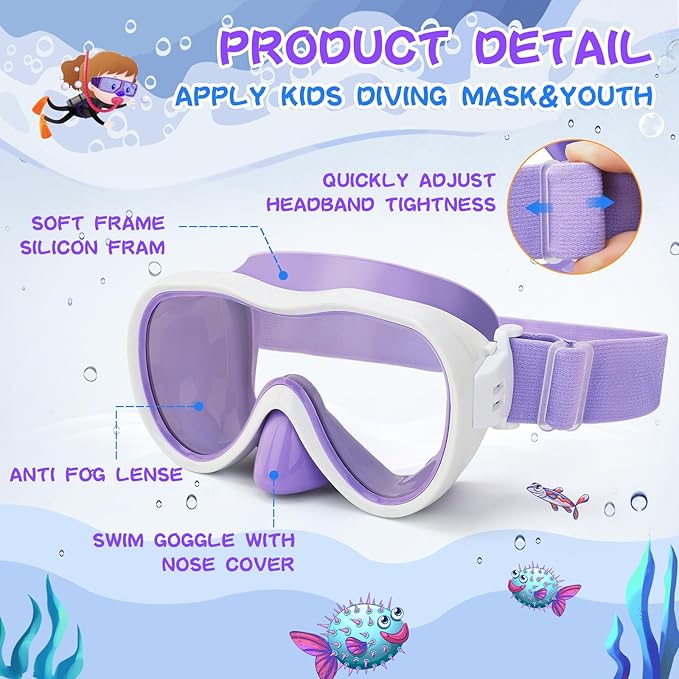 Kids Swim Goggles 180° Snorkel Diving Mask with Nose Cover, Anti-Fog Kids Swimming Goggles with Elastic Fabric Strap for Kids Boys Girls-StrideForce Fitness