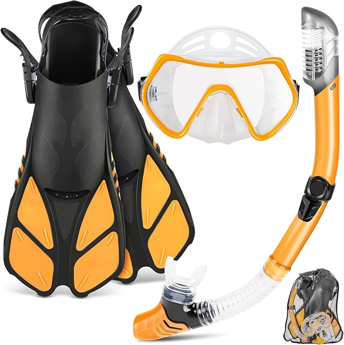 ZEEPORTE Mask Fin Snorkel Set, Travel Size Snorkeling Gear for Adults with Panoramic View Anti-Fog Mask, Trek Fins, Dry Top Snorkel and Gear Bag for Swimming Training, Snorkeling Kit Diving Packages-StrideForce Fitness