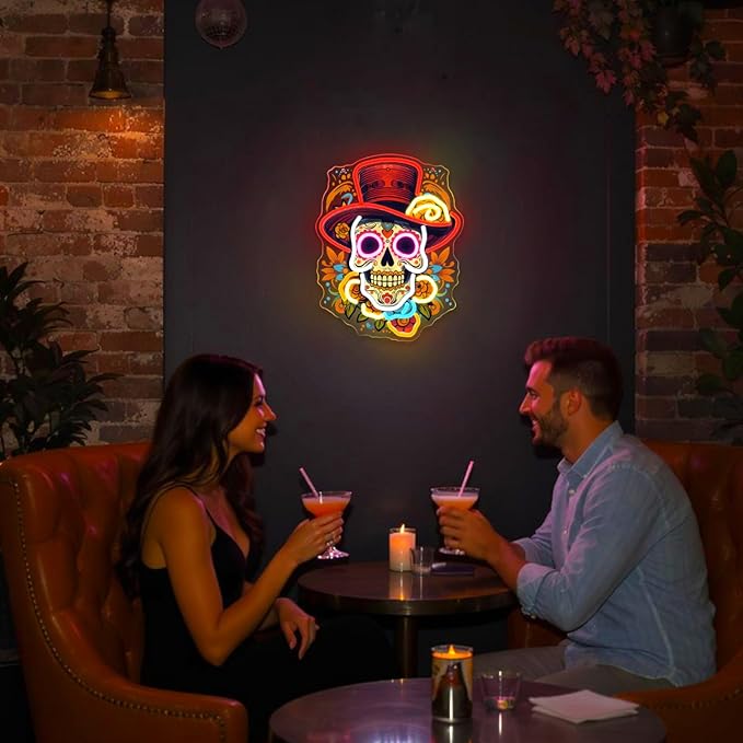 Day of the Dead Neon Sign - Mexican Sugar Skull LED Neon Light for Home & Bar Decor,UV Printed Art with Flexible LED Strip,Halloween & Día de Muertos Party Decoration (Red）-StrideForce Fitness