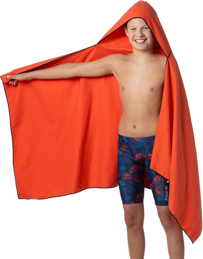 Flow Hydro Sport Towel - Microfiber Quick Dry Swimming Towels for Swim, Pool, Triathlon, and Other Water Sports in Medium, Large, Extra Large, and Hooded Sizes (Red, Large w/Hood)-StrideForce Fitness
