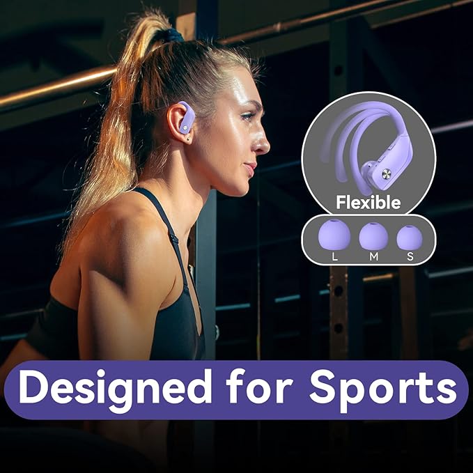 bmani Ear Buds Wireless Earbuds Bluetooth Headphones with 80H Playtime LED Display Case, Over-Ear Hook with Mic, Stereo Sound, Easy Button Controls, Sports Earphones for Running Workout Gym Purple-StrideForce Fitness