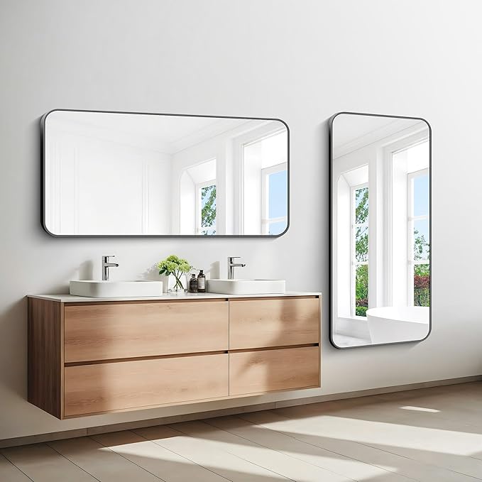 24x48 inch Bathroom Mirror,Black Rectangle Mirror,Wall Mounted Bathroom Frame Vanity Mirror with Round Corner for Bedroom Living Room, Entryway Hangs Horizontal or Vertical-StrideForce Fitness
