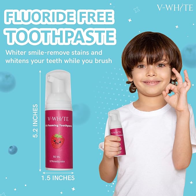 V-White Foam Teeth Whitening Toothpaste - Organic Toothpaste Fluoride Free, Alcohol Free, pH Balanced - Deep Cleansing, Stain Removal, Travel Friendly, for Kids & Adults (Large, Strawberry)