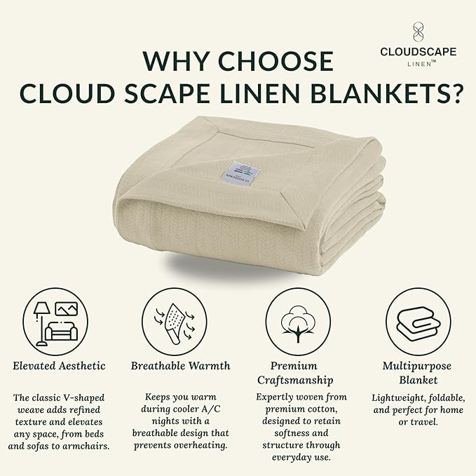 Cloud Scape Linen Herringbone Cotton Throw Blanket for Couch, Bed,Sofa, Home Decor, Soft, Lightweight, All-Season Bed Blanket, 50 x 70,Beige Fog-StrideForce Fitness