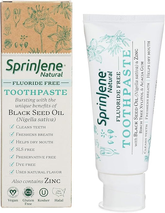 SprinJene Natural Toothpaste – Fluoride Free Clove & Mint Toothpaste for Healthy Gums & Fresh Breath – Gum Care with Patented Black Seed Oil & Zinc – Made in The USA (1 Pack)