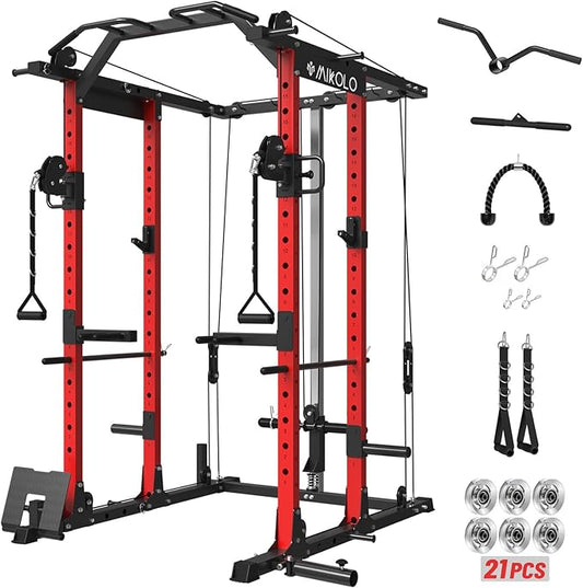 Mikolo Power Cage, Power Rack with Cable Crossover System, 1500LBS Squat Rack with LAT Pull Down System, Workout Cage with Pulley System for Fitness Home Gym-StrideForce Fitness