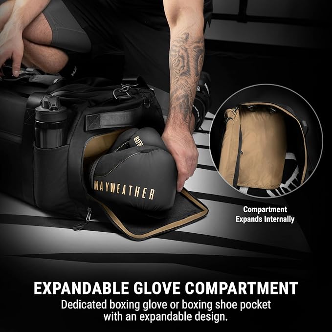 Hayabusa Mayweather Airstream Duffle Gym Bag for Women and Men - Black/Gold, 50L-StrideForce Fitness