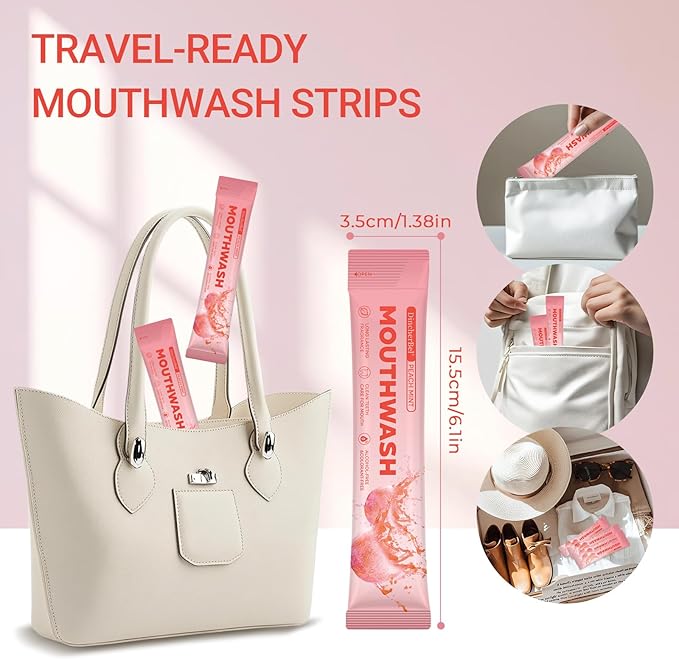 Travel-Size Alcohol & Fluoride Free Peach Mint Mouthwash Packets, 60 Individually Wrapped Portable Packs for Adults, Fresh Breath Peach Mint Flavored Mouthwash for Oral Hygiene, 0.63 Fl Oz Each