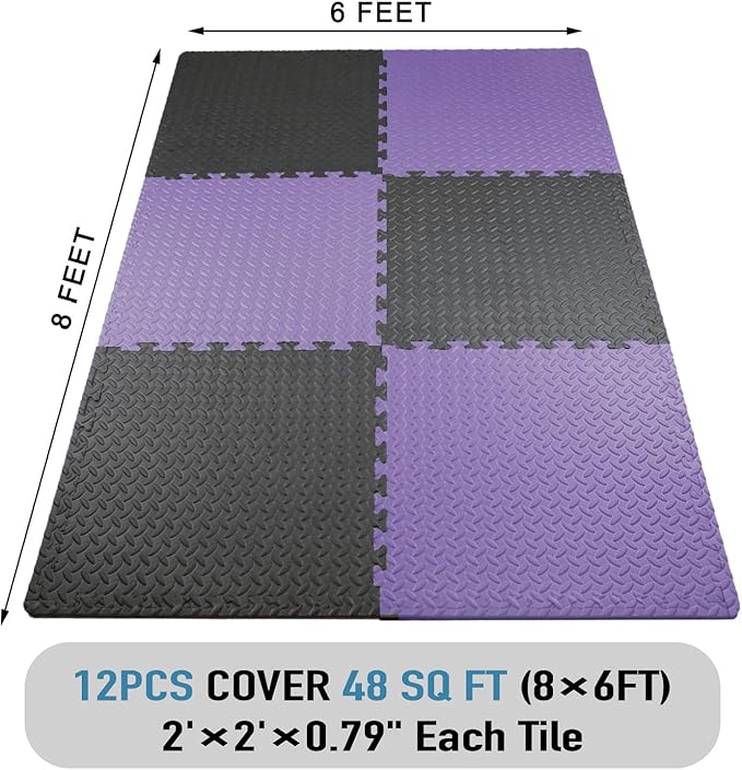 AIRHOP Upgraded 0.79" Extra Thick 48 Sq Ft High-Density Eva Foam Exercise Gym Mats, 12 Pcs Large Interlocking Puzzle Floor Tiles (24"x24") for Home Gym, Black&Purple-StrideForce Fitness