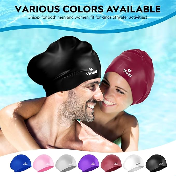 2 Pack Large Swim Caps for Long Hair, Silicone Swimming Cap for Adult Women Men, Waterproof Swim Hats Bathing Caps to Keep Hair Dry with Bonus Nose Clip and Earplugs-StrideForce Fitness
