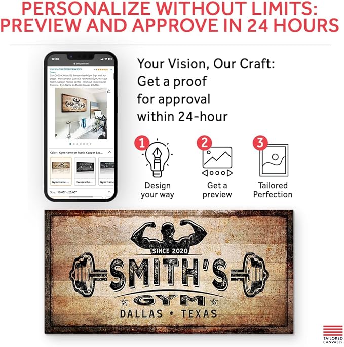 TAILORED CANVASES Personalized Gym Sign Wall Art Decor - Motivational Canvas for Home, Workout Room, Garage, Fitness Center - Inspirational Posters With Name on Rustic Copper, 60x30in-StrideForce Fitness