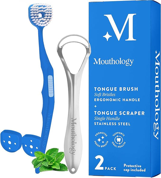 Mouthology Tongue Brush & Tongue Scraper (Combo Pack), Reduce Bad Breath & Improve Oral Hygiene, Tongue Scraper Brush for Adults Ergonomic Handle & Protective Cap, Tongue Cleaner