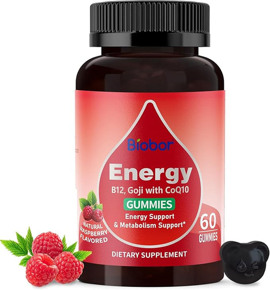 Natural Energy Gummies with Vitamin B12, Goji, CoQ10, Energy Support & Metabolism Support Chewable Supplement,GMO Free, Gluten Free (Raspberry, 60 Count)-StrideForce Fitness