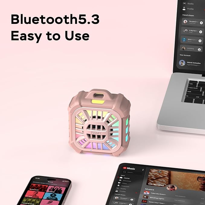 INSMY IP67 Waterproof Bluetooth Speaker, Shower Speaker Portable Small Clip-on, Multi Sync 100+ Speakers, Big Volume Booming Bass, 24H Playtime/Floatable/RGB Lights for Outdoor/Kayak/Beach(Pink)-StrideForce Fitness
