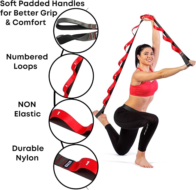 Stretching Strap with Loops - Non Elastic Stretch Band for Physical Therapy, Yoga Strap for Stretching Equipment, Stretch Bands for Exercise and Flexibility - Fascia, Hamstring & Leg Stretcher Belt-StrideForce Fitness