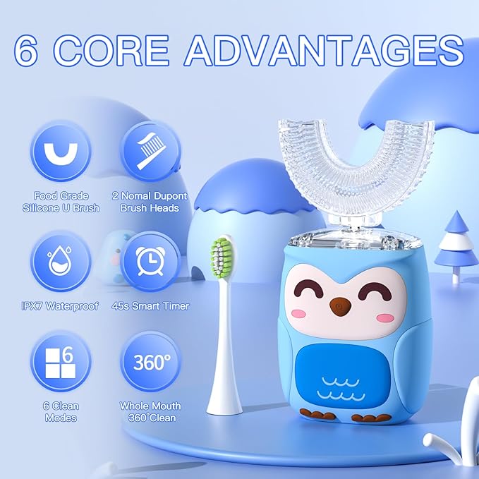 Kids Electric U Shaped Toothbrush Kids Sonic Toothbrush with 4 Soft Brush Head Automatic Full Mouth 6 Cleaning Mode-(Age8-15 Blue)
