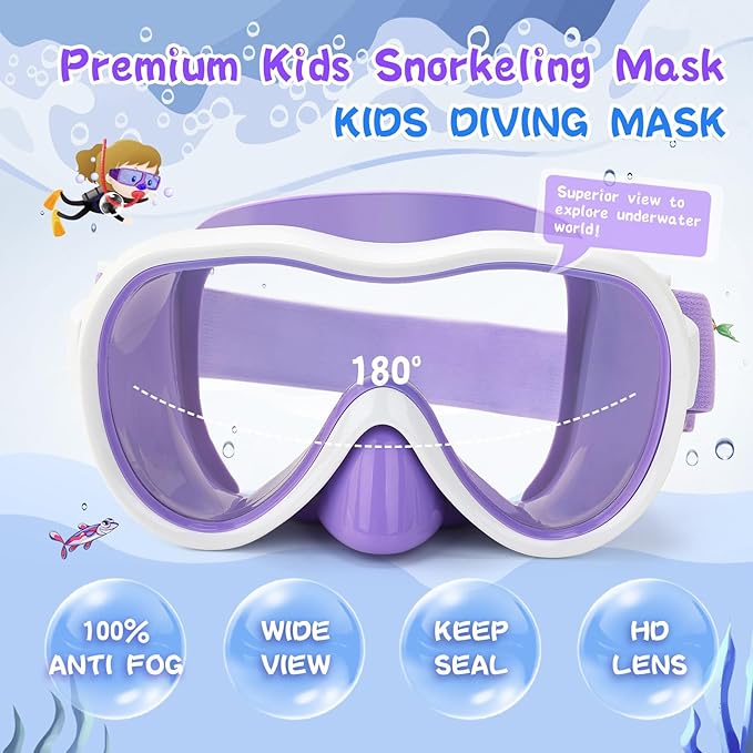 Kids Swim Goggles 180° Snorkel Diving Mask with Nose Cover, Anti-Fog Kids Swimming Goggles with Elastic Fabric Strap for Kids Boys Girls-StrideForce Fitness