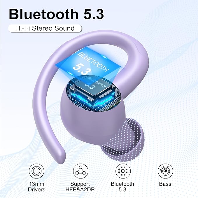 Wireless Earbuds Bluetooth 5.3 Headphones Sports, 48Hrs Playtime Bluetooth Earbuds with CVC 8.0 Mic, Stereo Bass Over Ear Bud with Earhooks, LED Display, IP7 Waterproof Earphon for Running Purple-StrideForce Fitness