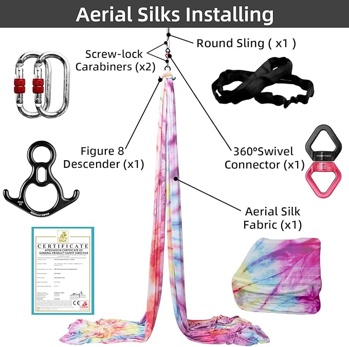 PRIOR FITNESS Aerial Silks Kit Colorful 9/15/20 Yards 40D Nylon Fabric Hammock Set With Hardware & Guide for All Levels Of Aerial Yoga Practice and Acrobatic Flying For Adults Aerial silk-StrideForce Fitness