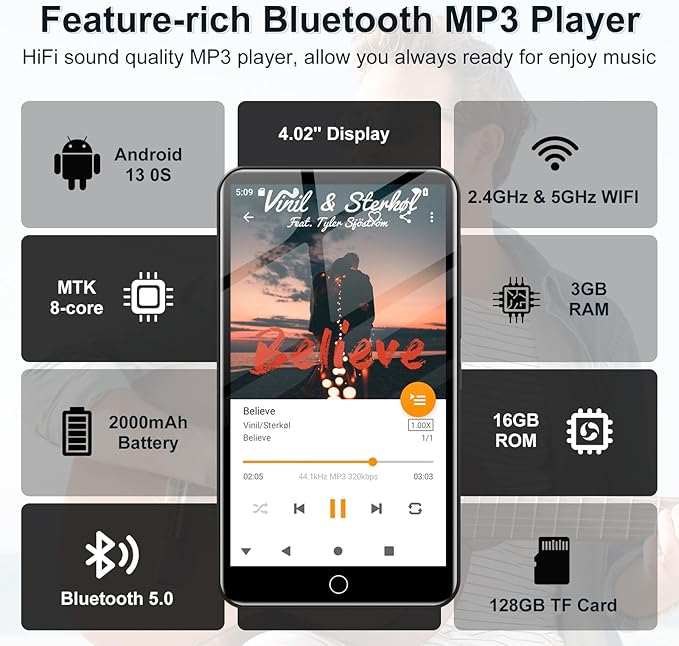 144GB MP3 Player with Bluetooth and WiFi, Android 13 OS MP3 & MP4 Players with 4" Touchscreen and Speaker, Spotify Music Players with Pandora, Audible, Amazon Music, Play Store-StrideForce Fitness