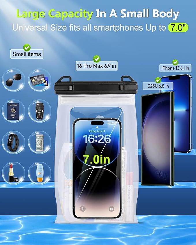 IPX8 Waterproof Phone Pouch Floating, [Expandable Space] Waterproof Bag, Cell Phone Dry Bag with Adjustable Lanyard for iPhone Samsung Google Up to 7.0" White-StrideForce Fitness