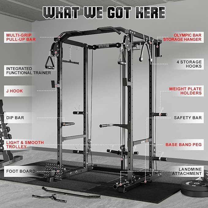 R1-V4 Power Cage Rack, 2000LB Squat Rack with Cable Crossover System, Multi-Function Weight Cage, Home Gym Workout Machine with More Training Attachments-StrideForce Fitness