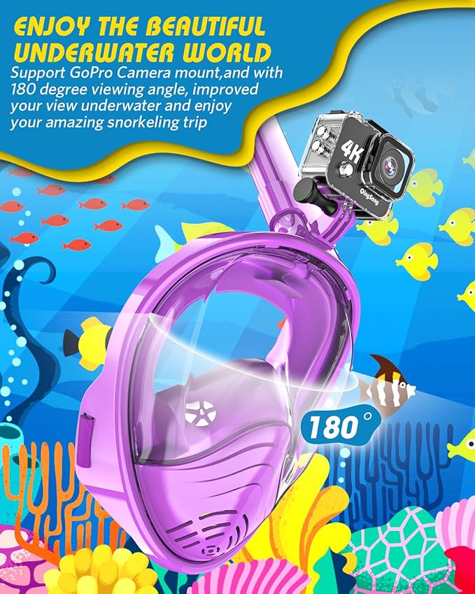 QingSong Kids Snorkel Mask Full Face, Snorkeling Set with Camera Mount, Foldable 180 Degree Panoramic View Snorkeling Gear Anti-Fog Anti-Leak-StrideForce Fitness