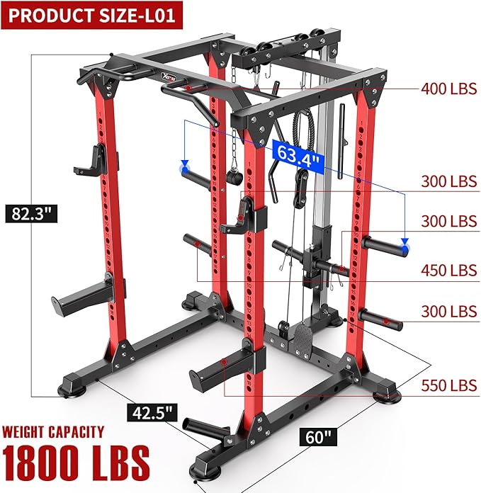 Power Cage,1600lbs Multi-Function Power Rack with Adjustable Cable Crossover System and More Training Attachment, Weight Cage for Home Gym-StrideForce Fitness