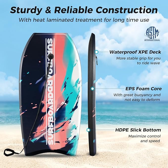 KOTEK 33/37/41 Inch Body Board with Wrist Leash, EPS Core, Dual Channel, HDPE Slick Bottom, Bodyboard for All Skill Levels & Wave Conditions-StrideForce Fitness