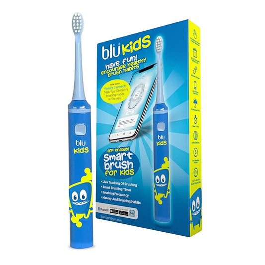 Blu Smart Bluetooth Enabled Kids Toothbrush with Live Tracking App to Teach Children Healthy Brushing Habits, Share Results with Your Dentist (Blue). Wireless Rechargeable Electric.