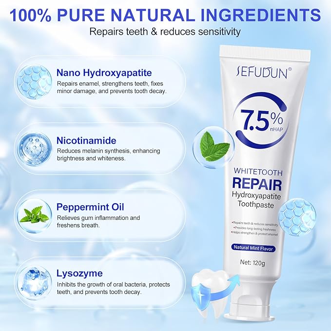 7.5% Hydroxyapatite Toothpaste(Fluoride Free), Natural Nano Hydroxyapatite Toothpaste for Sensitive Teeth, Enamel Protection, Tooth Strengthening, Fresh Mint Flavor, Daily Use for Oral Care